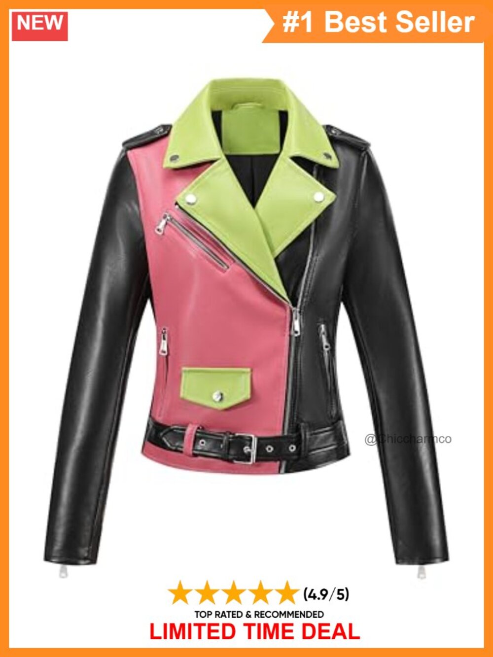 Faux Leather Color-Block Moto Zip Up Jacket Cropped Belted